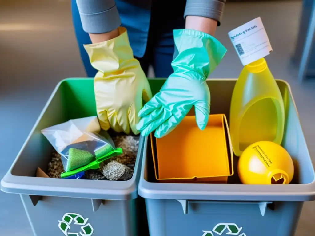 Manos protegidas separan residuos en estación de reciclaje moderna, mostrando manejo seguro de residuos en el hogar