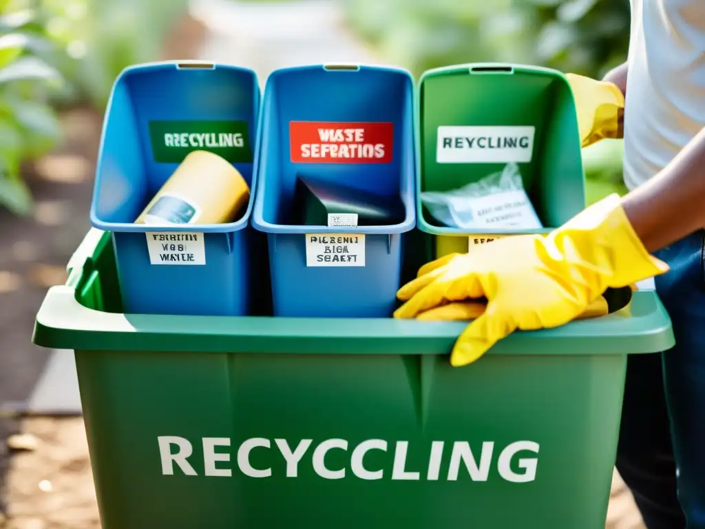 Manos separando residuos en casa para reciclaje, con técnicas de compostaje en casa