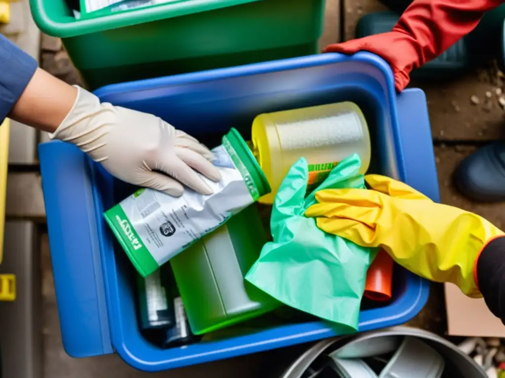 Unas manos separan cuidadosamente residuos del hogar en contenedores de reciclaje, destacando el manejo efectivo de residuos en casa