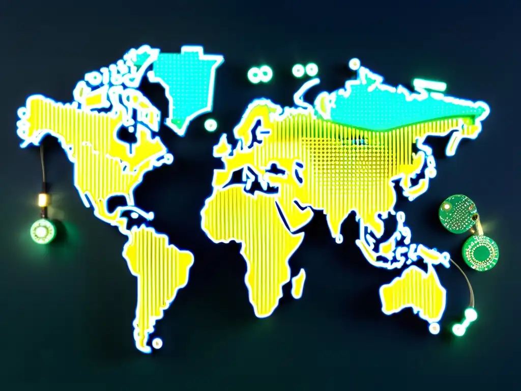 Mapa mundial hecho de componentes electrónicos reciclados, con circuitos formando continentes y cables detallando océanos