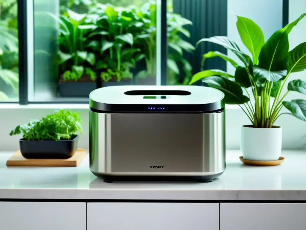 Una máquina biotecnológica de compostaje en casa, moderna y compacta, rodeada de plantas verdes exuberantes en un ambiente contemporáneo y ecológico