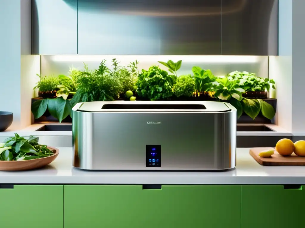 Una máquina de compostaje de alta gama se destaca en una cocina moderna y lujosa, rodeada de plantas verdes y productos frescos