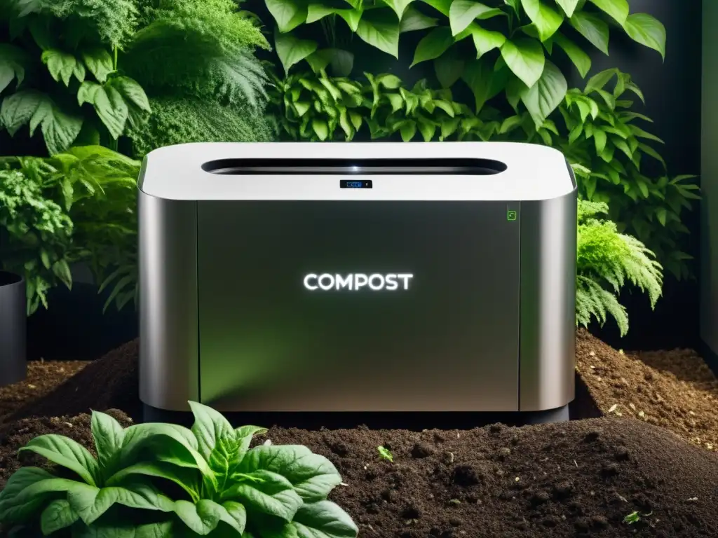 Una máquina de compostaje de alta tecnología rodeada de exuberante vegetación, representando equipos tecnológicos para compostaje en casa