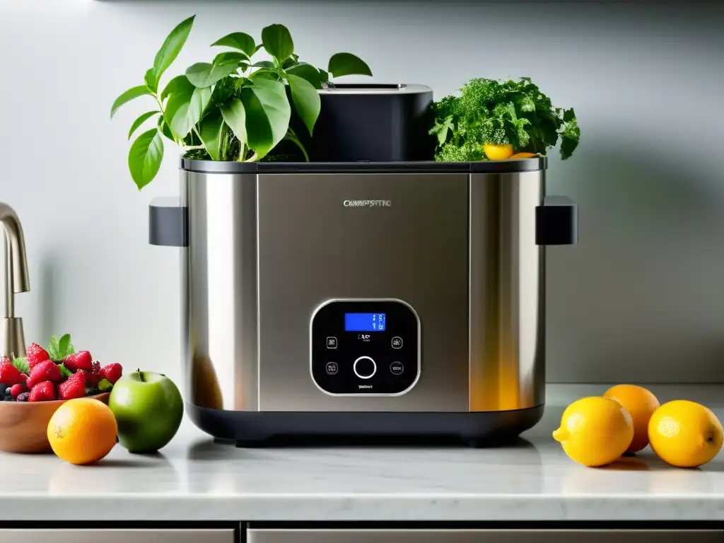 Una máquina de compostaje biotecnológica se integra armoniosamente en una cocina moderna, rodeada de plantas exuberantes y frutas frescas