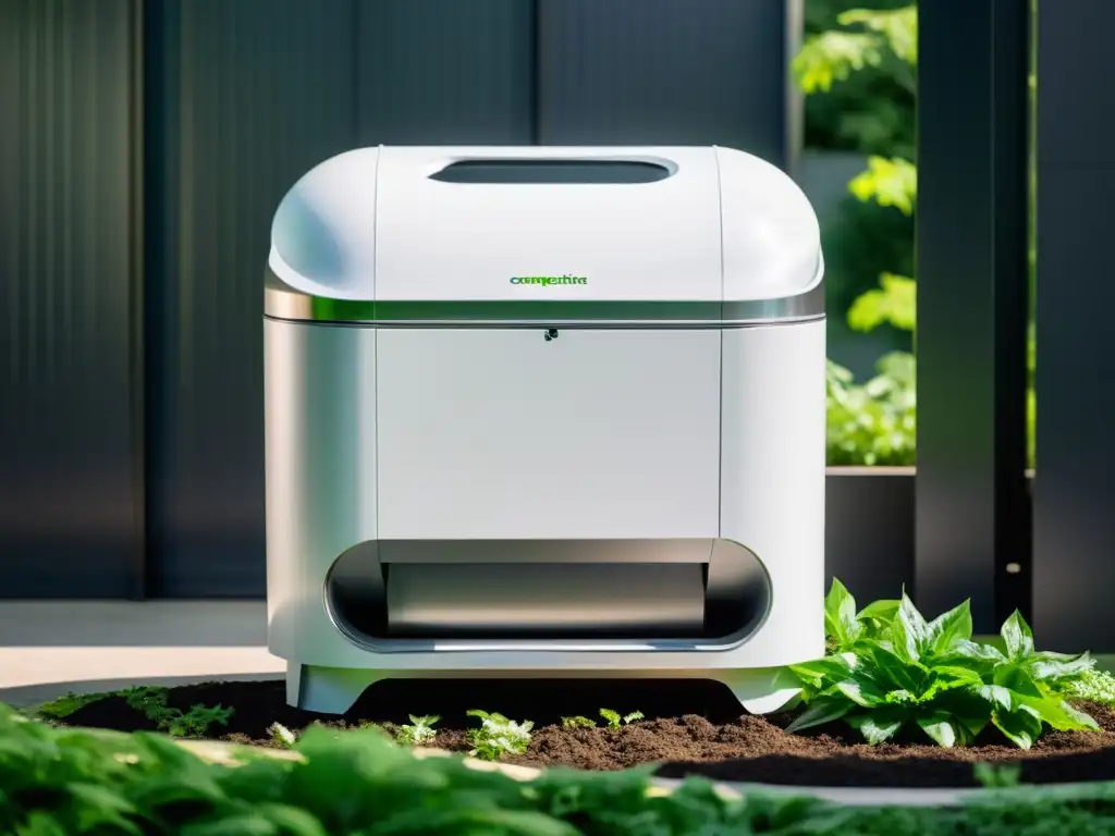 Una máquina de compostaje futurista en tonos blancos y plateados, en medio de exuberante vegetación