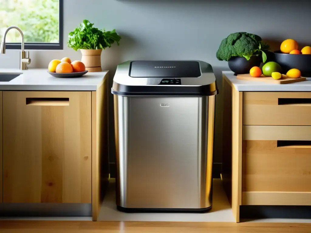 Una máquina de compostaje industrial en el hogar procesa residuos orgánicos en compost nutrientedenso, con un diseño moderno de acero inoxidable