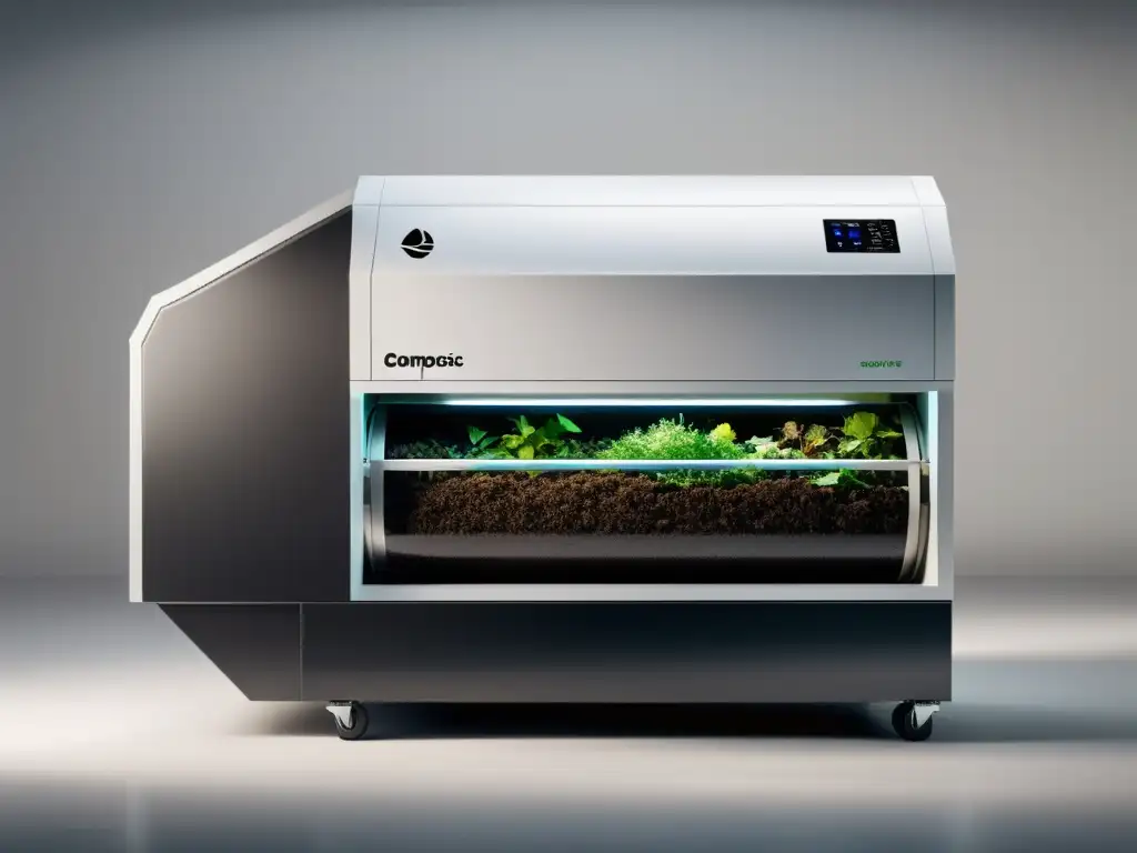 Transformación de residuos orgánicos en compost de alta tecnología Una máquina de compostaje industrial moderna y elegante, revelando tecnologías emergentes en la industria alimentaria