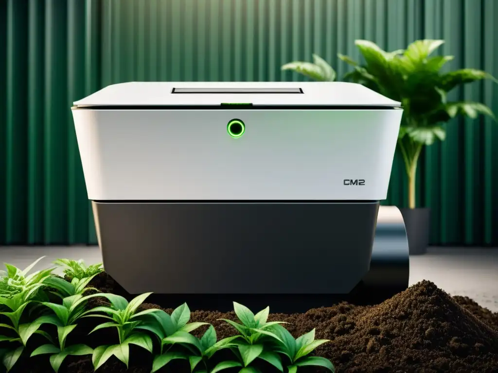 Una máquina de compostaje innovadora en un entorno minimalista rodeada de plantas verdes exuberantes