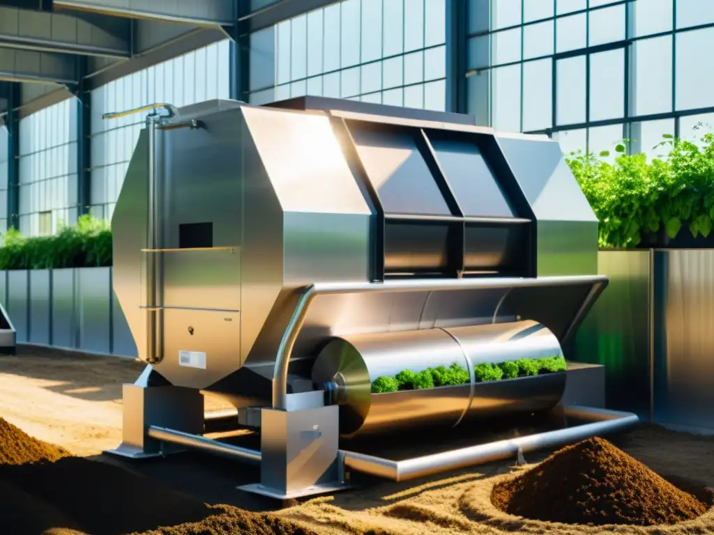 Una máquina de compostaje de última tecnología en un entorno industrial moderno, rodeada de vegetación exuberante y luz solar