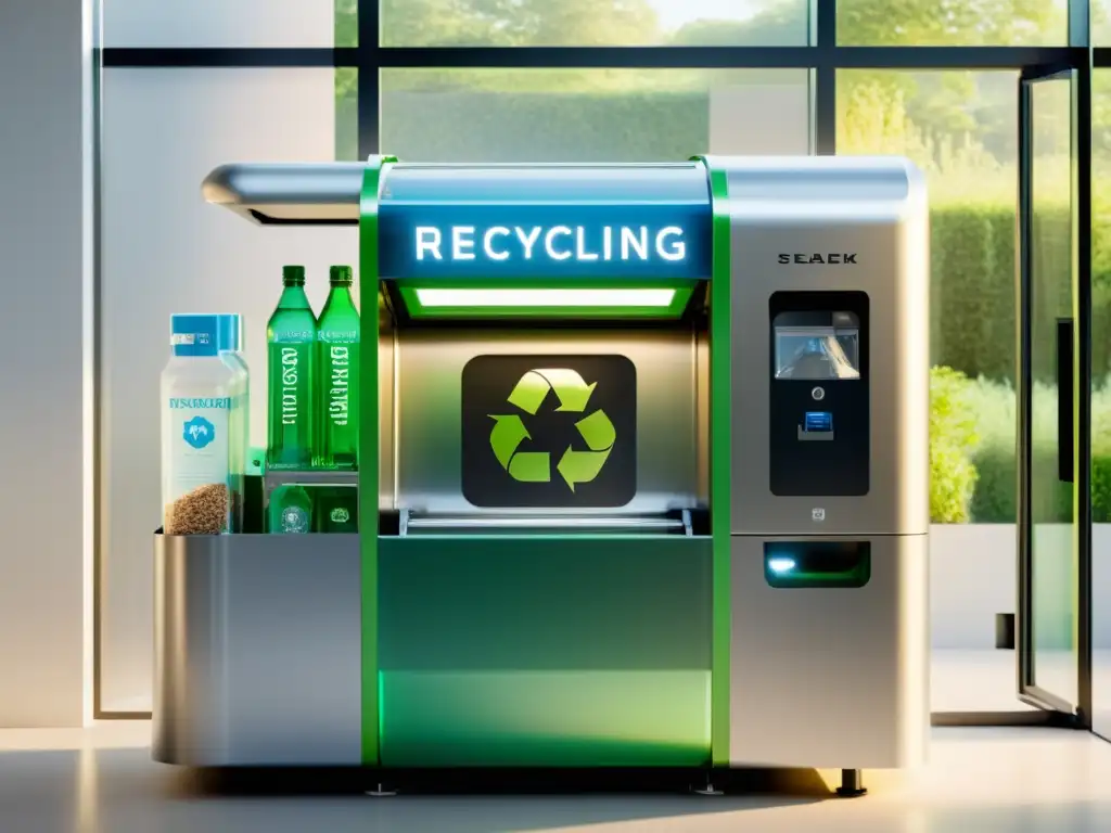 Una máquina de reciclaje doméstico con tecnología blockchain, rodeada de objetos reciclables en un ambiente eco-friendly y tecnológicamente avanzado