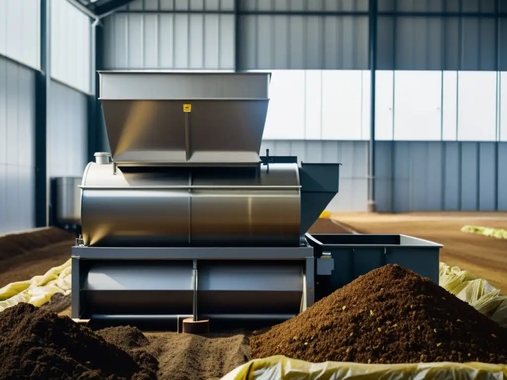 Compostaje industrial: Transformación innovadora de residuos Maquinaria moderna de compostaje industrial procesando residuos orgánicos alimentarios, reflejando innovación tecnológica y responsabilidad ambiental