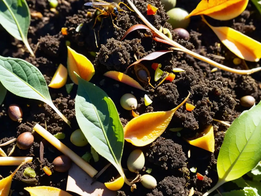 Una maravillosa vista detallada de un montón de compost en un jardín, mostrando la belleza y complejidad del proceso de compostaje en el hogar