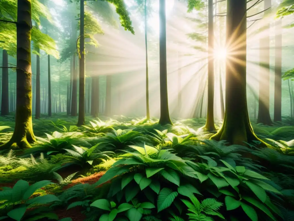 Maravilloso bosque verde con luz solar filtrándose entre las hojas, creando sombras en el suelo