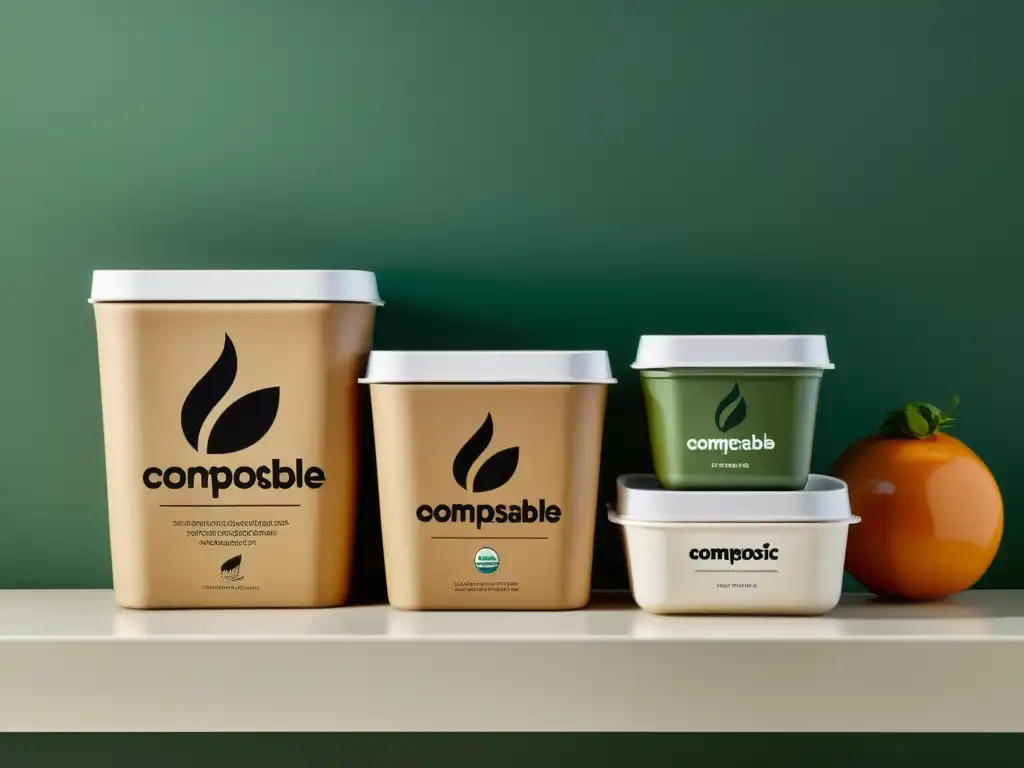 Marcas comprometidas con medio ambiente: apilamiento ordenado de envases compostables en una elegante cocina moderna, resaltando su diseño sostenible