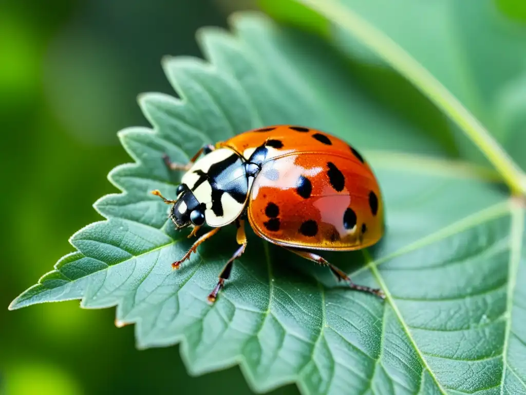 Una mariquita descansa en una hoja verde brillante, sus alas rojas y negras desplegadas al sol