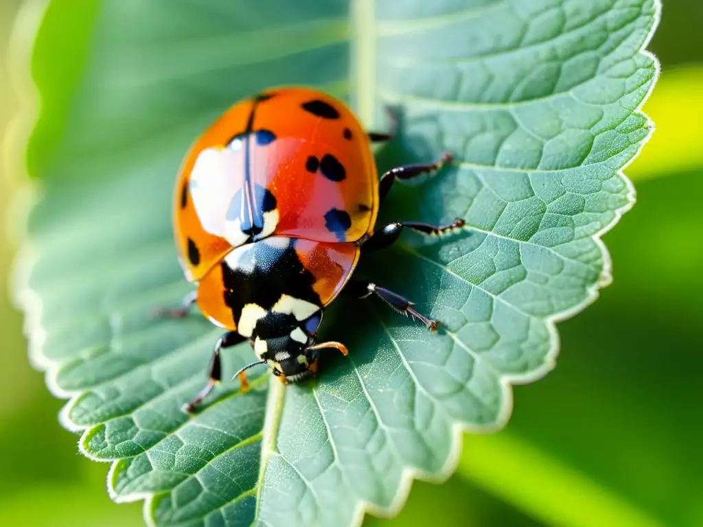 Una mariquita descansa sobre una hoja verde, mostrando sus detalles y la luz del sol