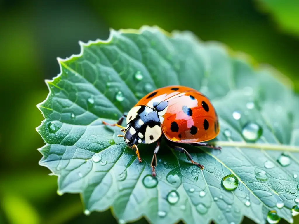 Una mariquita descansa sobre una hoja verde con gotas de agua, transmitiendo tranquilidad y belleza natural