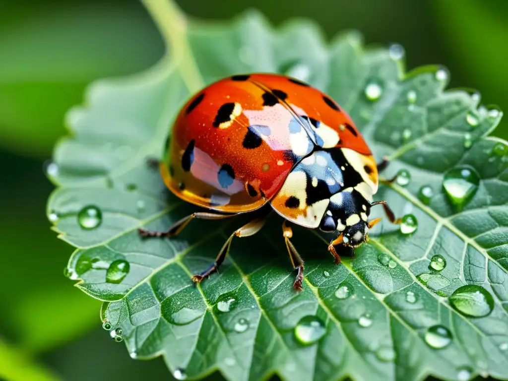 Una mariquita delicadamente posada en una hoja verde vibrante, con gotas de agua brillando