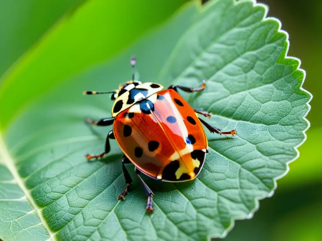 Una mariquita posada en una hoja verde, con sus alas rojas y negras desplegadas