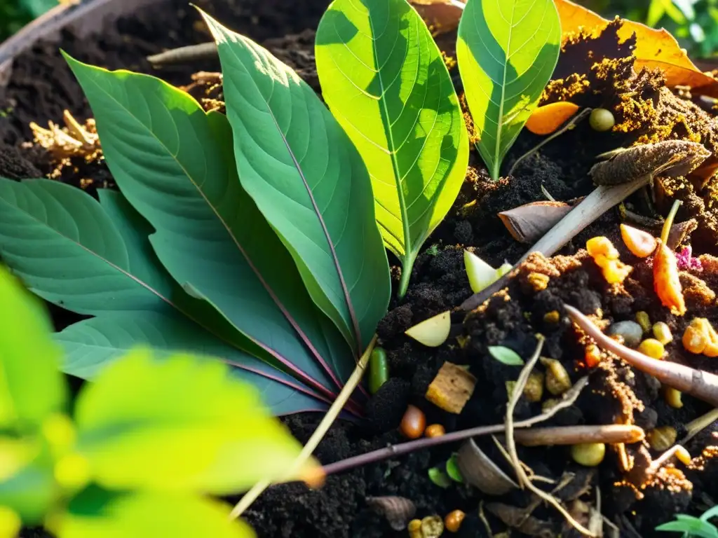 Preparación materiales compostaje residuos: Detalle de pila de compost en jardín casero, con capas de materia orgánica y cálido resplandor dorado