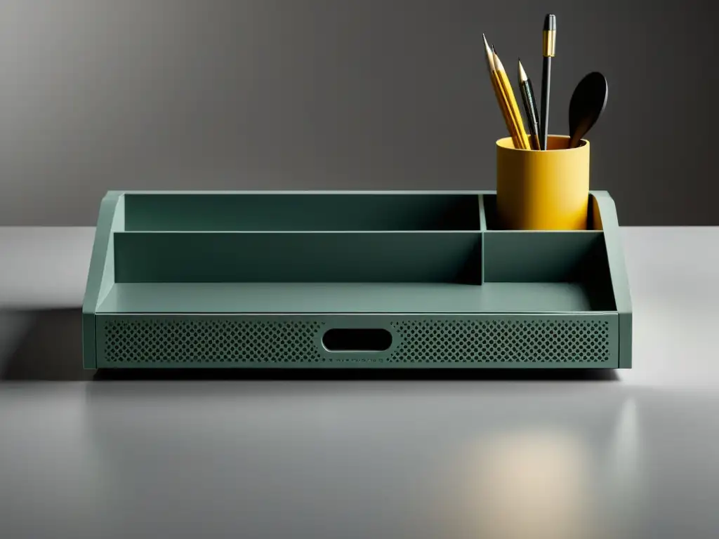 Innovación con materiales reciclados: Detalle de organizador de escritorio moderno y sostenible, destacando texturas y diseño minimalista