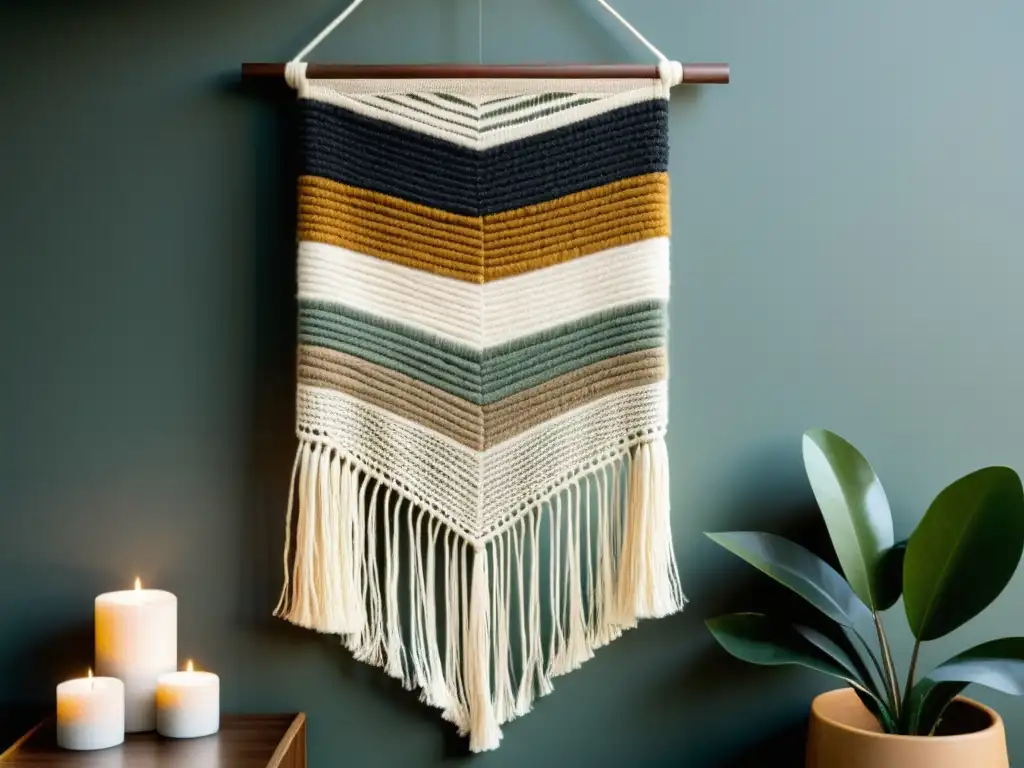 Decoración con materiales reciclados en el hogar: Tapiz tejido con patrón geométrico en tonos terrosos, textura mesmerizante y flecos delicados