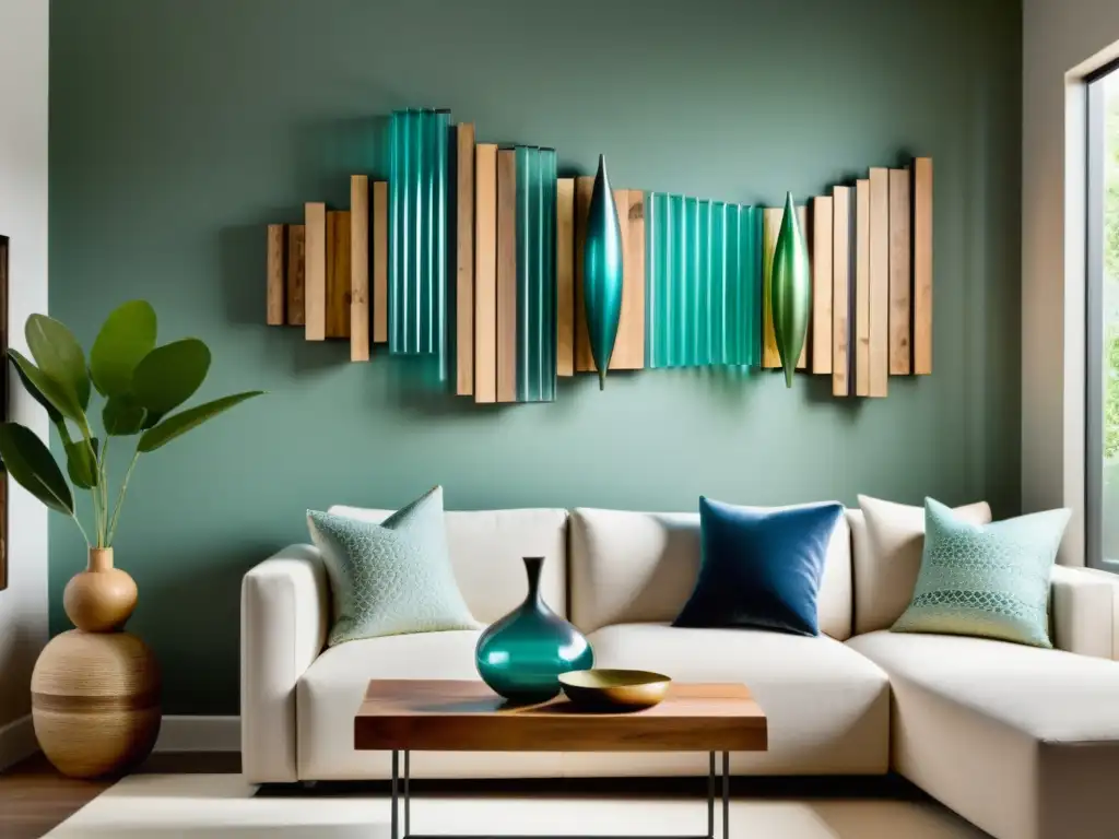 Decoración con materiales reciclados en el hogar: Sala minimalista con arte sostenible y elementos decorativos reciclados iluminados por luz natural