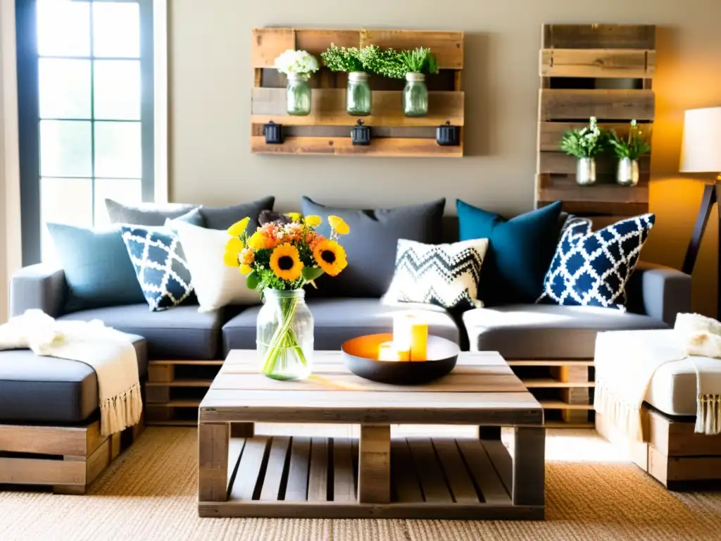 Decoración con materiales reciclados en el hogar: Sala acogedora con muebles hechos a mano y detalles eco-friendly