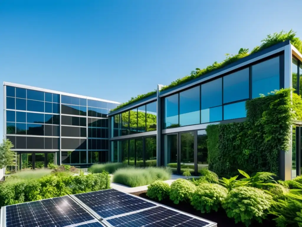 Materiales sostenibles en construcción de edificio comercial con diseño ecoamigable y paneles solares en el techo, rodeado de vegetación