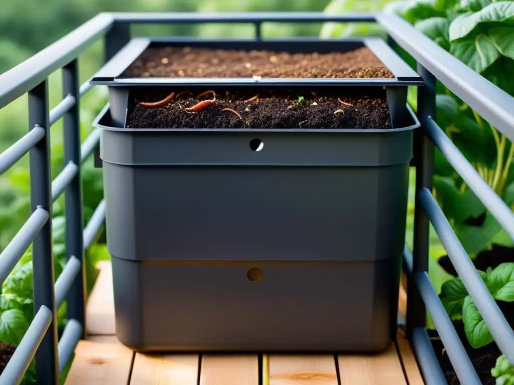 La mejor caja de lombrices para compostaje en el hogar, con un diseño moderno y un entorno sereno en un balcón urbano