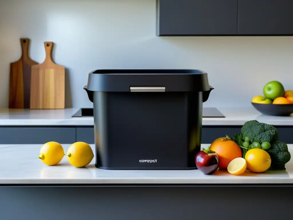 La mejor compostera para hogar: un elegante recipiente negro de plástico reciclado en una cocina, con cáscaras de frutas y verduras derramándose