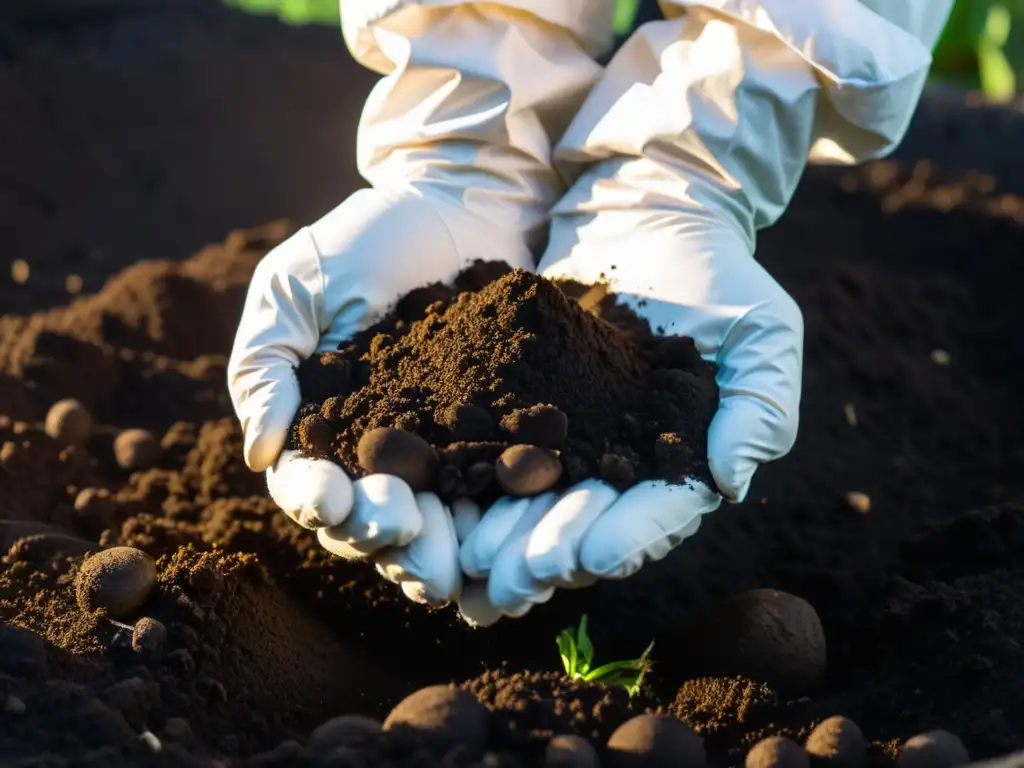 Mejora del suelo con compost orgánico: Manos mezclando compost oscuro y tierra, resplandeciendo al sol