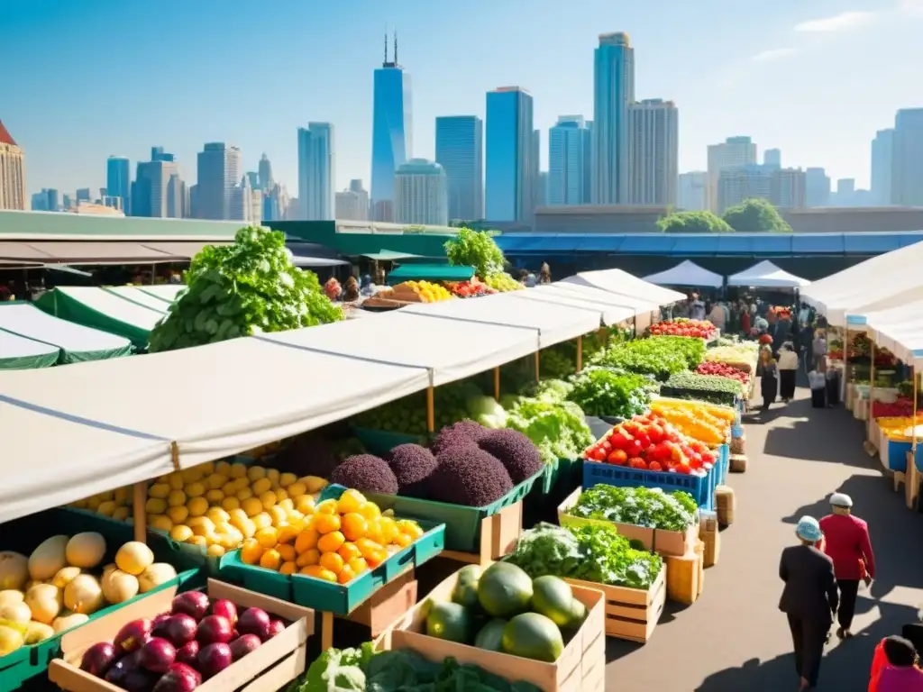 Mercado al aire libre con frutas y verduras coloridas en puestos de madera