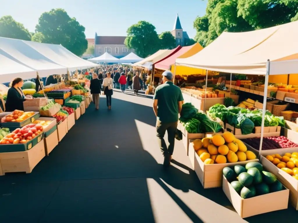 Mercado al aire libre con puestos de productos orgánicos, artículos reutilizables y artesanías ecológicas