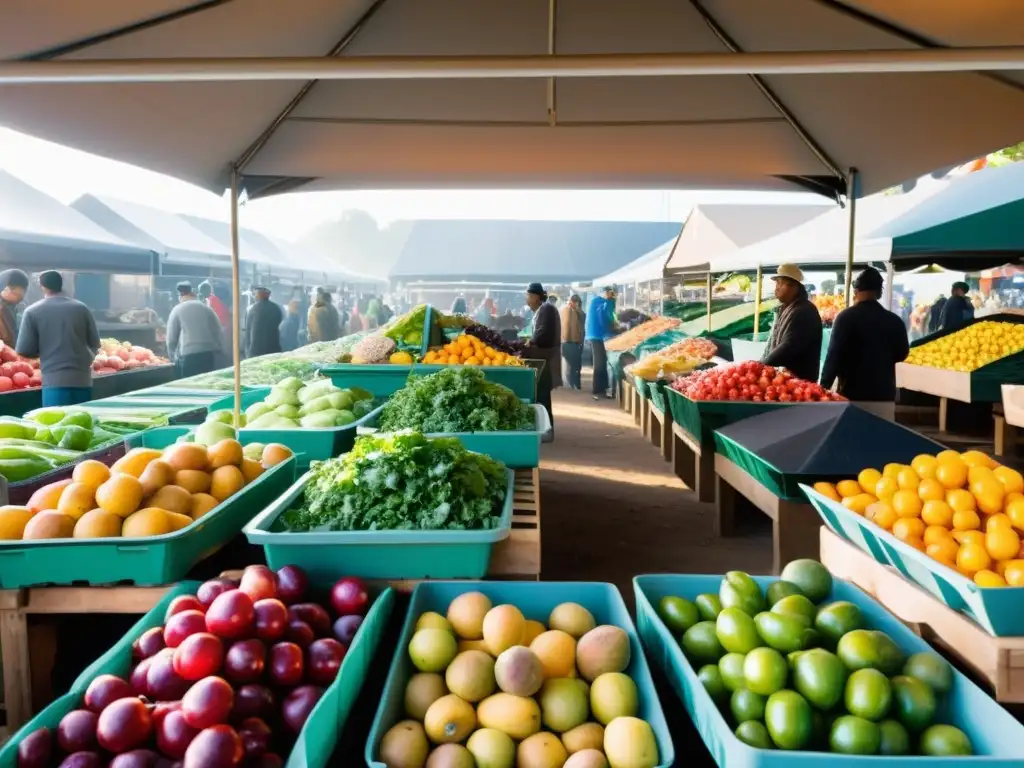 Un mercado bullicioso con frutas y verduras vibrantes, dispuestas con esmero, y una estación de compostaje eficiente