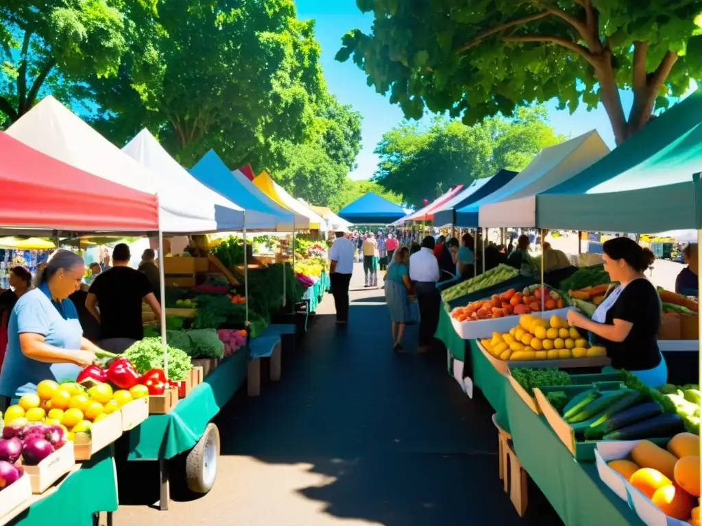 Un mercado bullicioso con puestos coloridos rebosantes de frutas y verduras frescas, creando una atmósfera visualmente impresionante