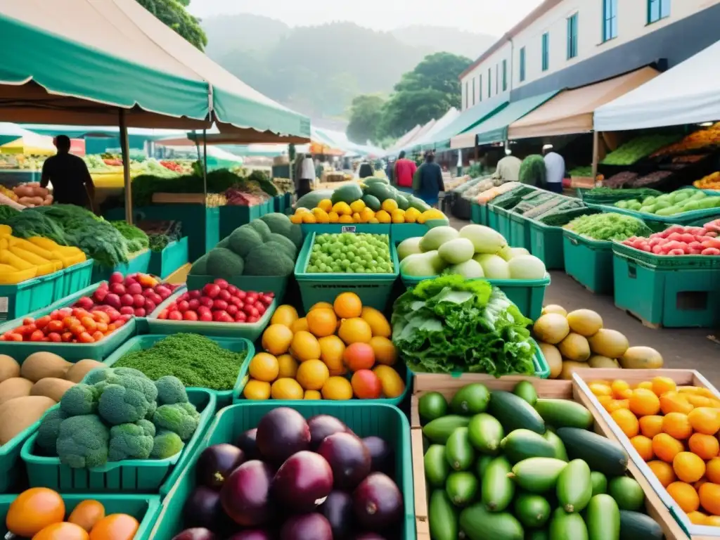 Un mercado local bullicioso con una variedad de frutas y verduras coloridas en exhibición, destacando el compostaje de frutas y verduras