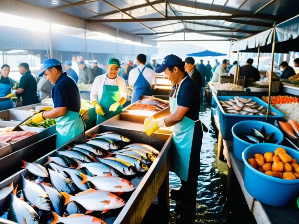 Un mercado pesquero bullicioso con exhibiciones coloridas de mariscos frescos, clientes y vendedores