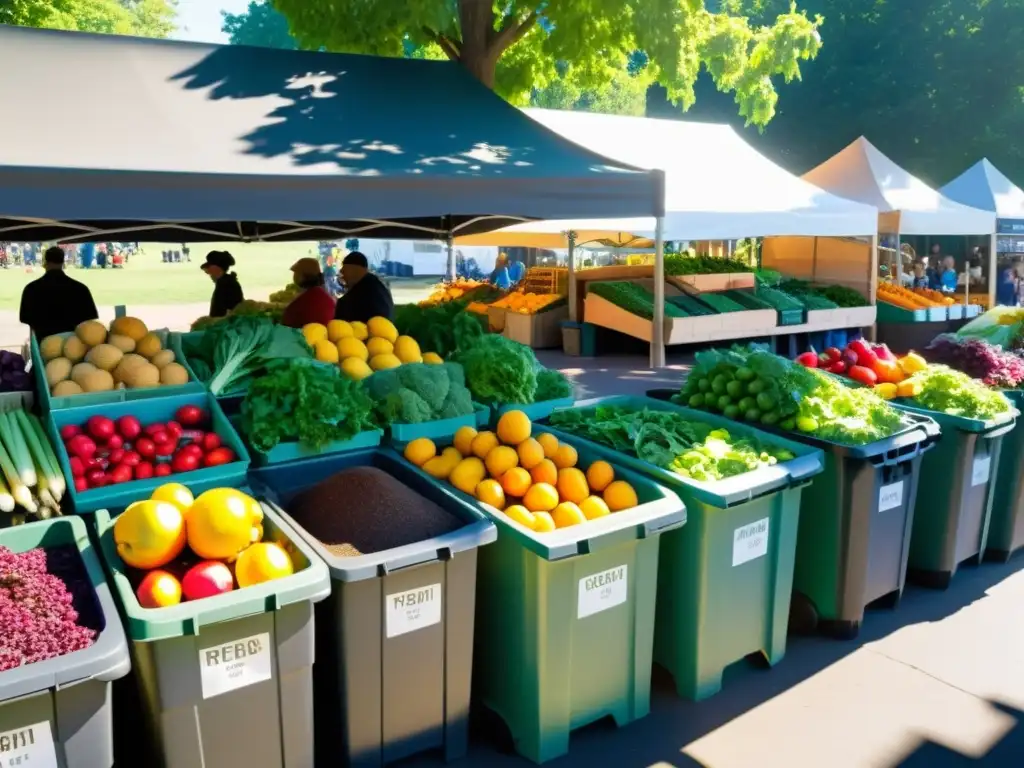 Un mercado vibrante con puestos de frutas y verduras, resaltando el compostaje de frutas y verduras y la sostenibilidad