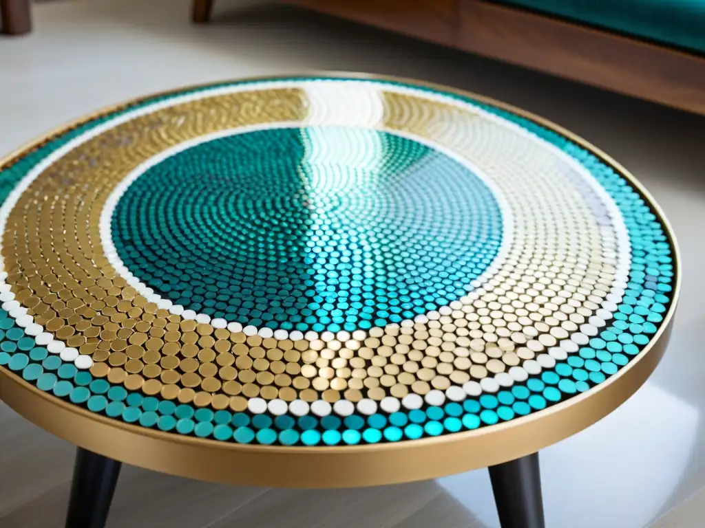 Una mesa de café artesanal hecha con cápsulas recicladas, mostrando un patrón de mosaico intrincado y una paleta de colores