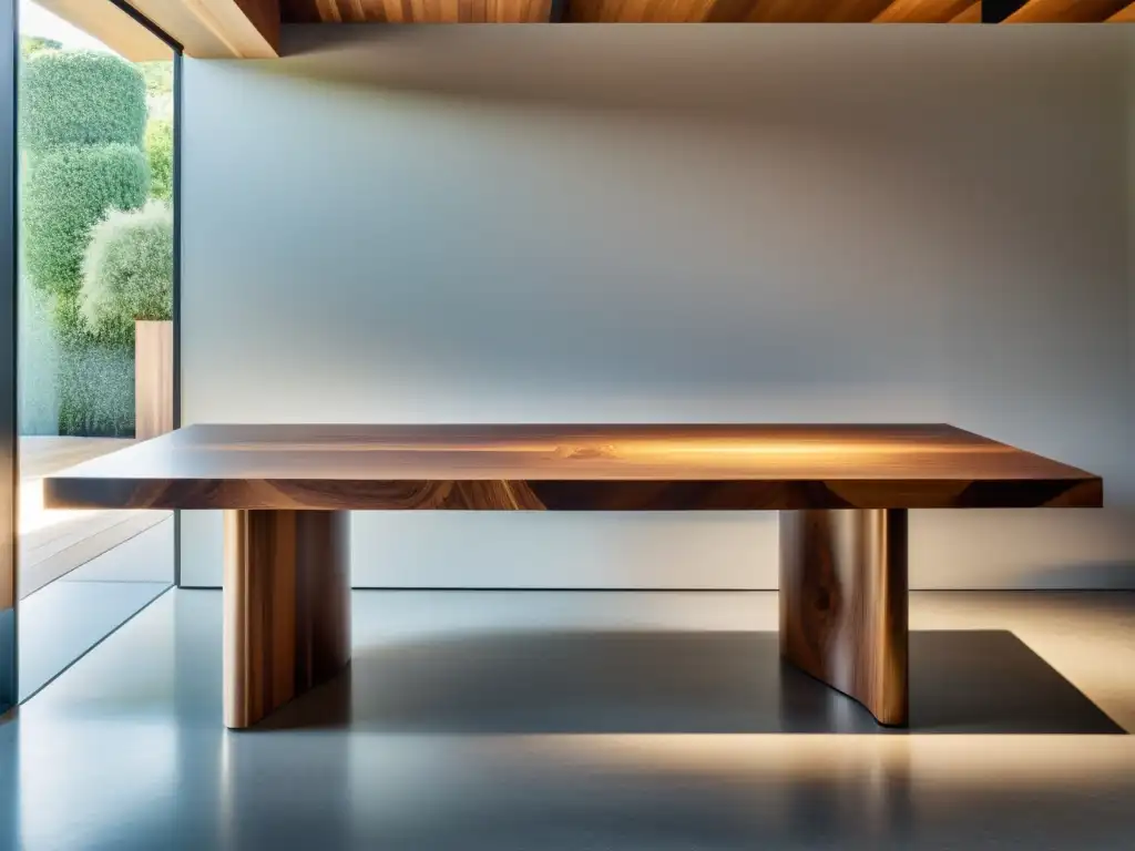 Una mesa de madera reciclada, elegante y pulida, en una habitación moderna y ecoamigable