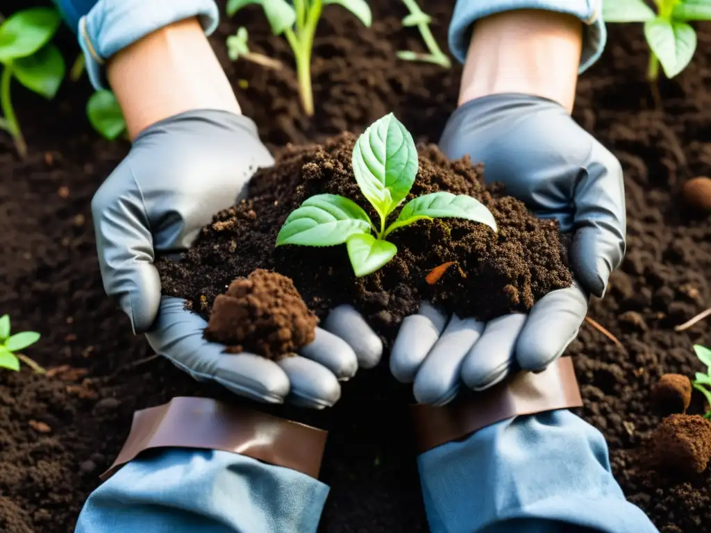 Mezcla de compost oscuro y tierra fértil entre hojas verdes, manos con guantes