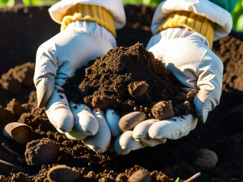 Mezcla cuidadosa de compost casero de alta calidad en la tierra, con abundante vida microbiana