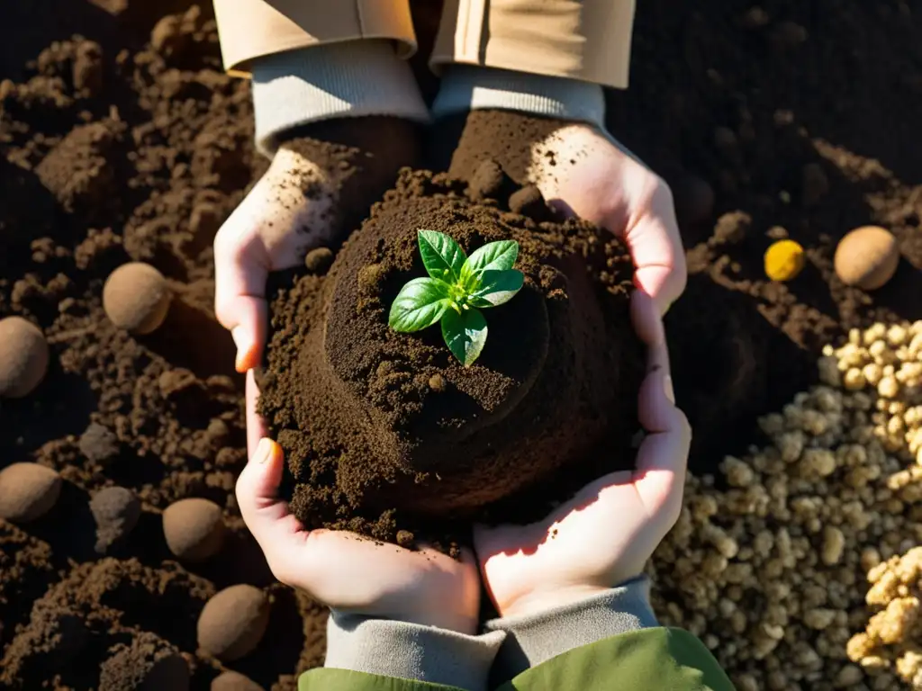 Mezcla detallada de compost oscuro en suelo compacto, resaltando los beneficios del compostaje en suelos compactos