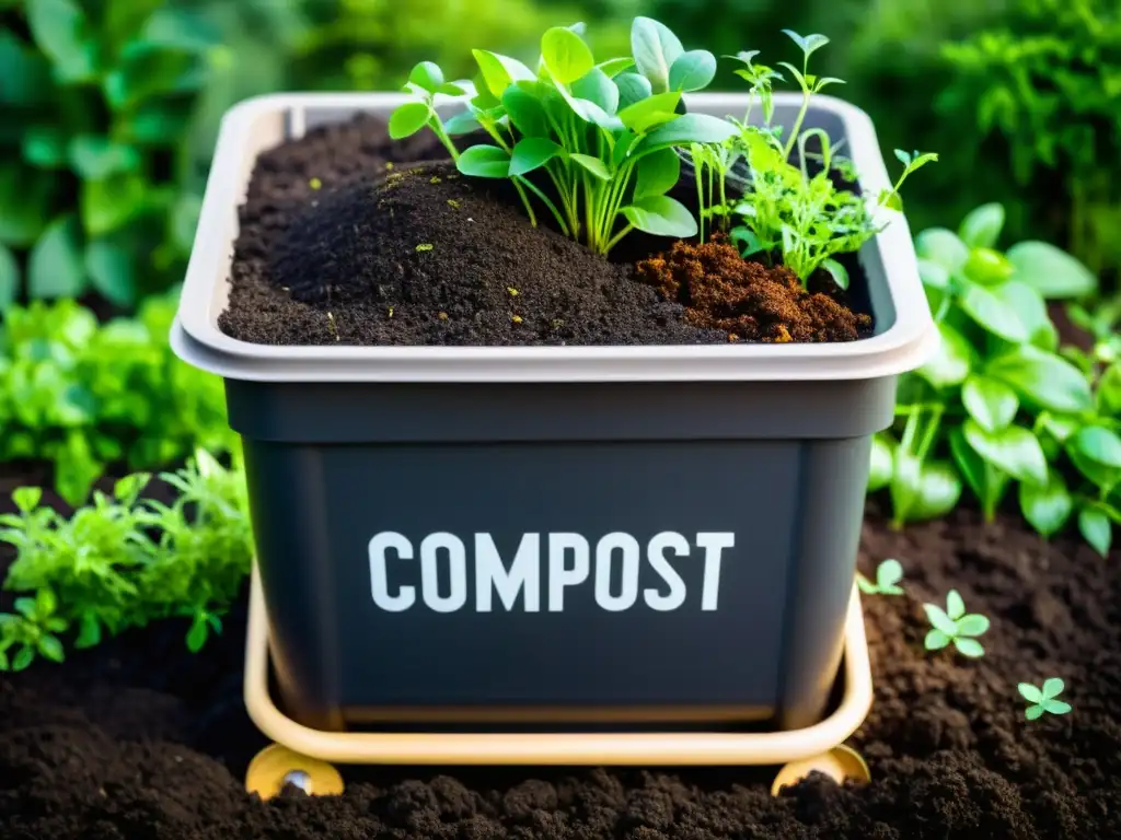 Una mezcla oscura y rica de materia orgánica descompuesta llena un contenedor de compost