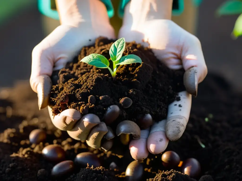 Mezcla suave de compostaje en jardinería orgánica en suelo fértil y abundante