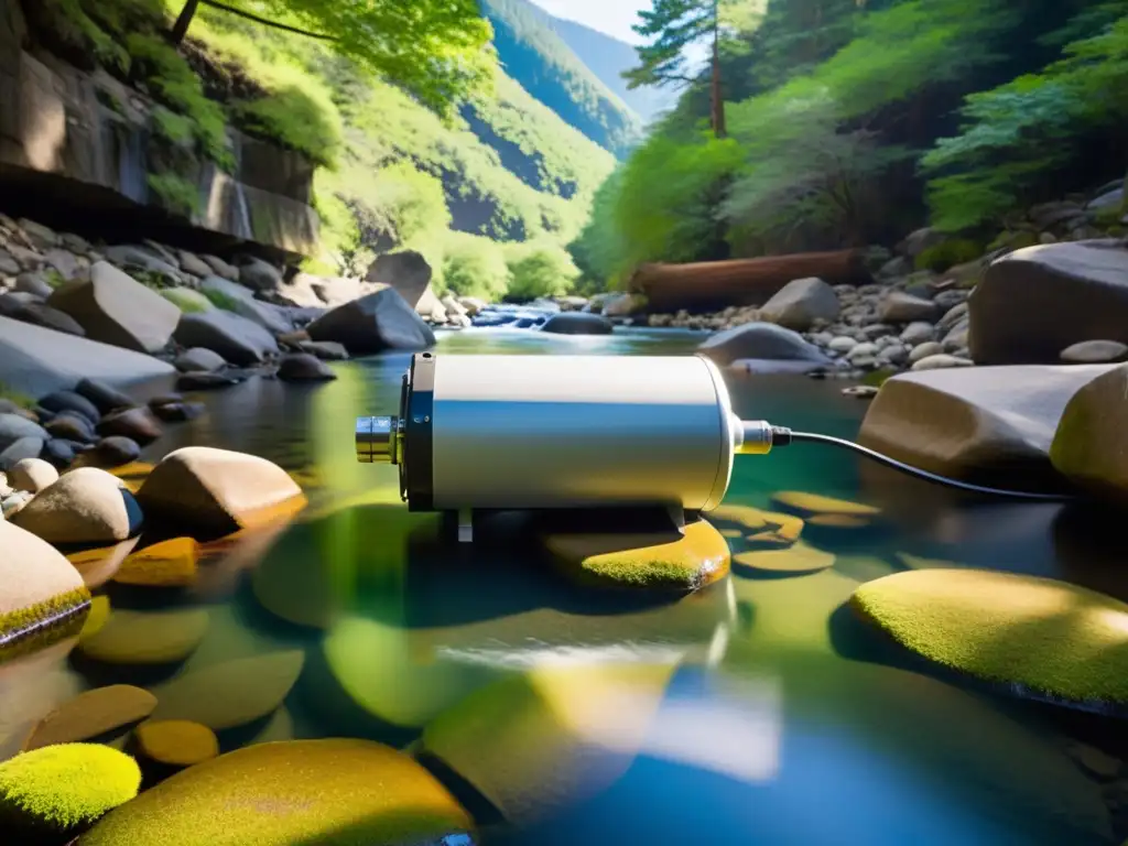 Un microgenerador hidroeléctrico para hogar instalado en un arroyo de montaña, rodeado de naturaleza serena y verdosa