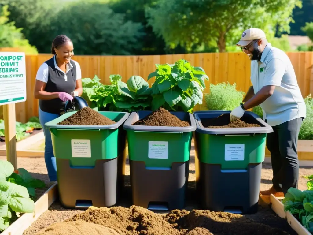 Diversos miembros de la comunidad trabajan juntos en un jardín comunitario, atendiendo cuidadosamente los contenedores de compostaje