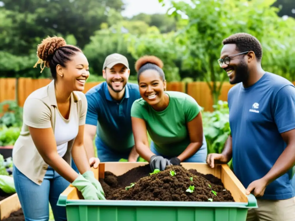 Miembros de la comunidad trabajando juntos en un jardín comunitario, rodeados de contenedores de compost y herramientas de jardinería