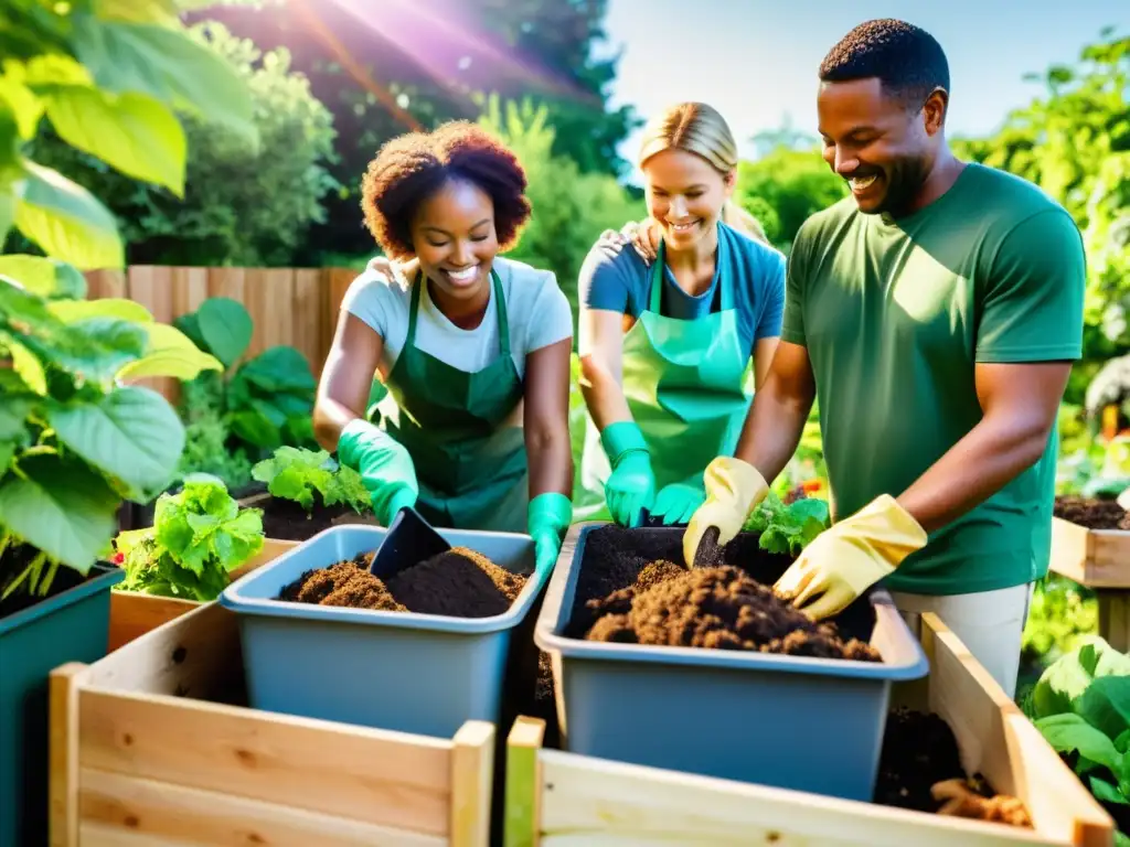 Miembros de la comunidad trabajan juntos en un jardín, disfrutando de los beneficios del compostaje comunitario en un ambiente armonioso y sostenible